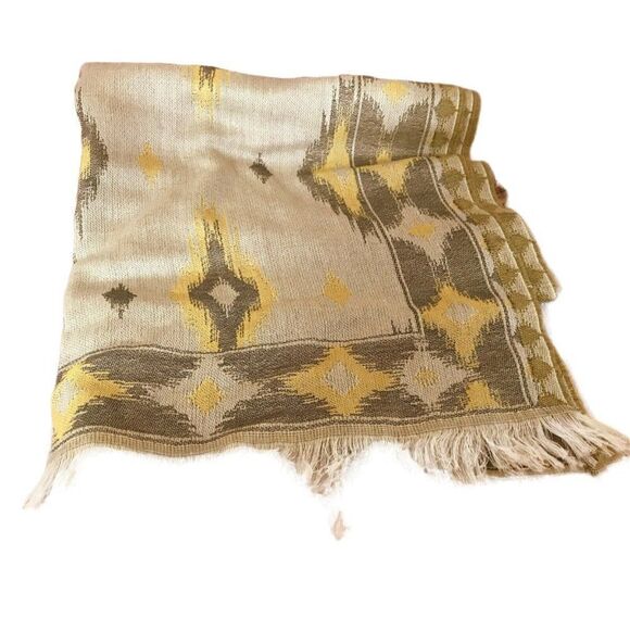 Scarf Elongated Diamond Pattern Rectangular Fringed Neutrals Rayon Blend - Picture 2 of 3